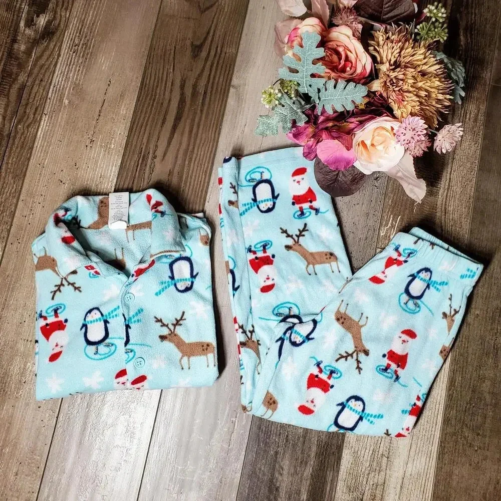 Gymboree Blue Winter Christmas Santa Penguin Reindeer Size 5/6 Fleece PJ Set